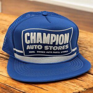 Champion Auto Stores Snapback Trucker‎ Hat Blue Vintage 80s Puff Print NOS